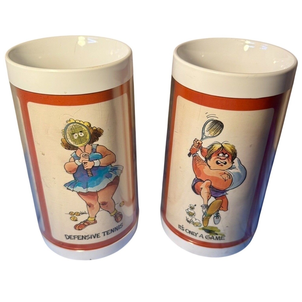 Vintage Thermo-Serv Tennis Mugs Set 2 1976 Retro‎ Cartoon Insulated Made in USA
